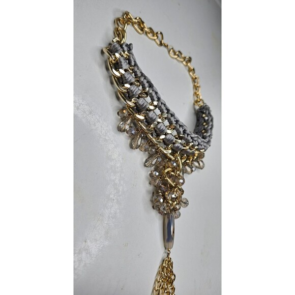 Grey and Gold Macrame Cord and Beaded Lariat Y Drop Style Necklace 19.5"L - Picture 3 of 5